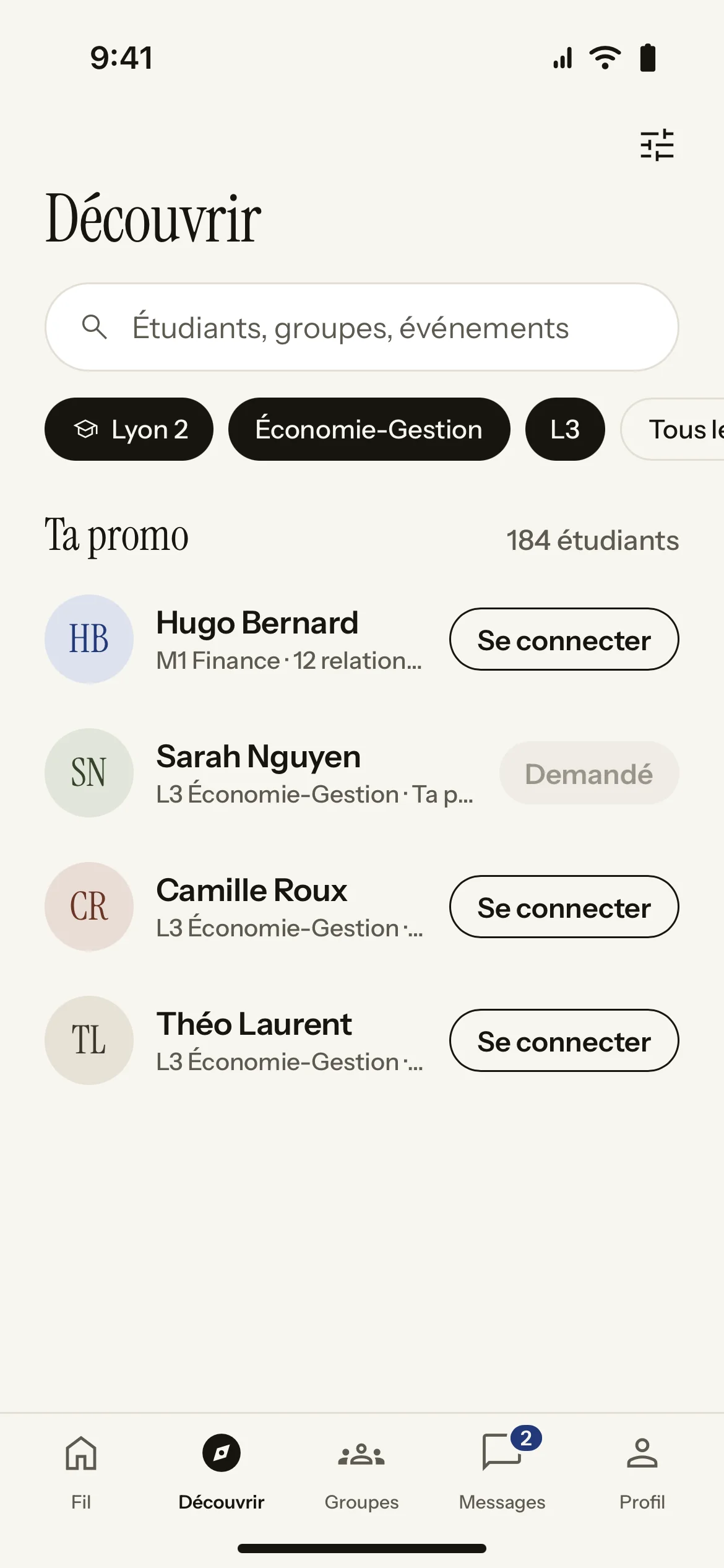 Écran Découvrir de l’app HorizonSup