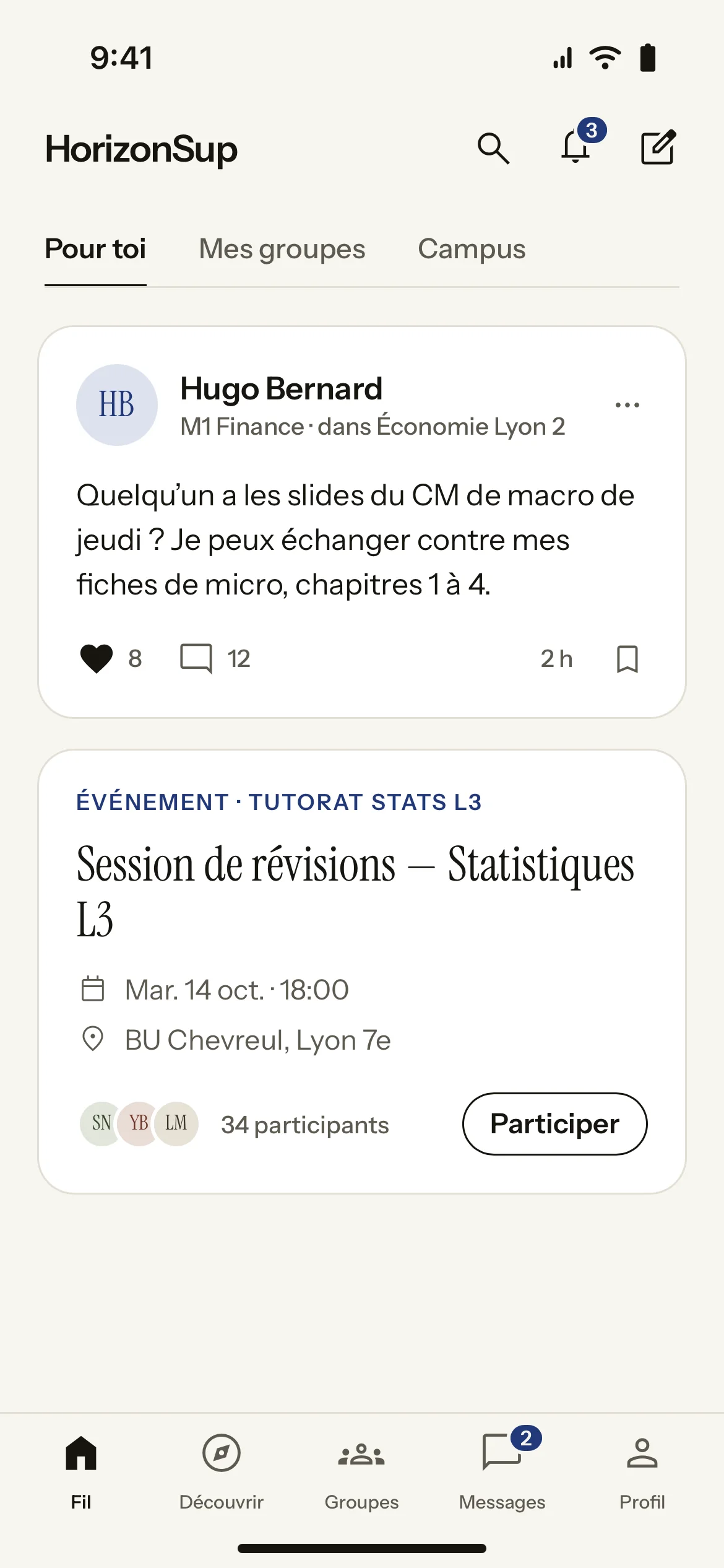Écran Fil de l’app HorizonSup