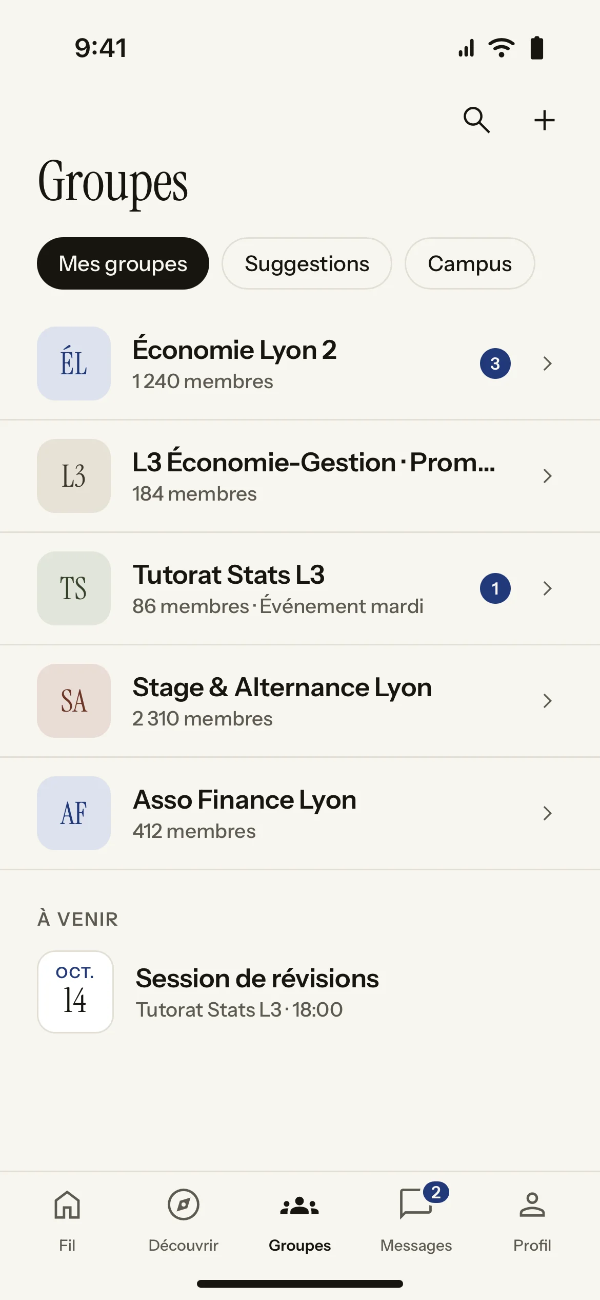 Écran Groupes de l’app HorizonSup